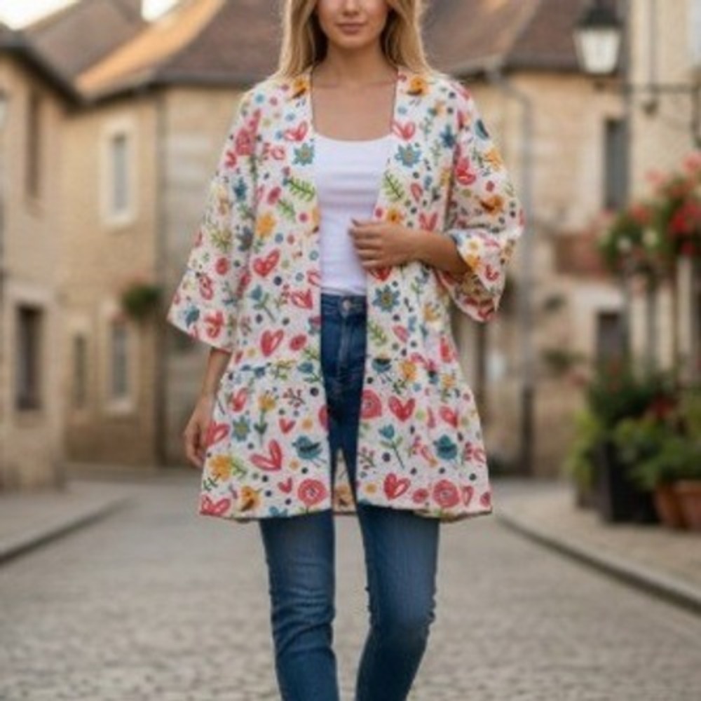Ibex Womens White Eyelet Embroidered Floral Bird Heart Open Front Kimono Top O/S